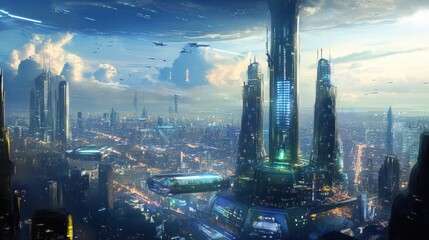 Futuristic cityscape with towering skyscrapers, flying vehicles, and a central mega-structure.
