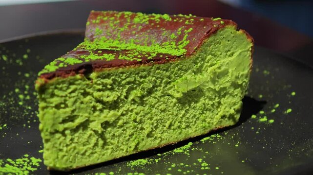 Matcha basque cheesecake sliced and ready to serve.