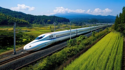 Fototapeta premium High-speed train traveling through scenic countryside.