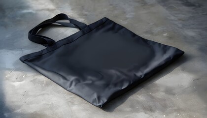 Mockup Black Fabric Tote Bag on Concrete Floor