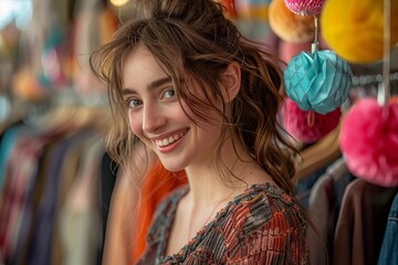 Obraz premium A young woman happily trying on trendy clothes in a colorful store filled with racks of clothing.