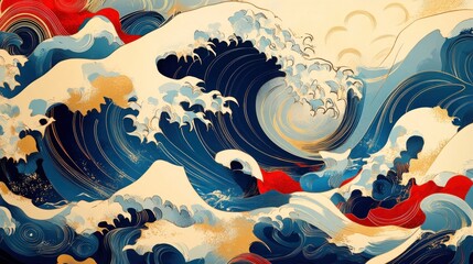 Abstract swirling ocean waves in blue, red, gold, and beige tones.