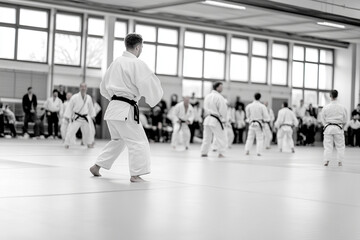 Obraz premium Judo athletes performing throws in a training session at a dojo during a competitive practice event in the afternoon