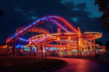 Fototapeta premium Vibrant roller coaster lights illuminate amusement park at night, Amusement park at night with roller coaster Seamless ing time-lapse background