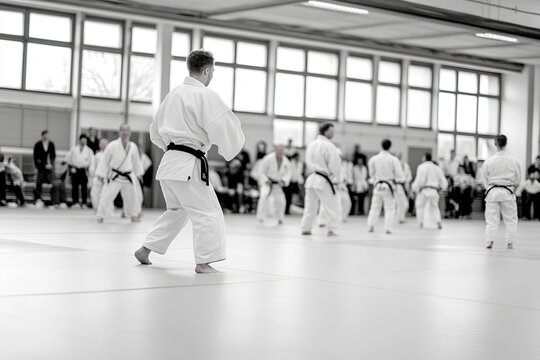 Judo athletes performing throws in a training session at a dojo during a competitive practice event in the afternoon