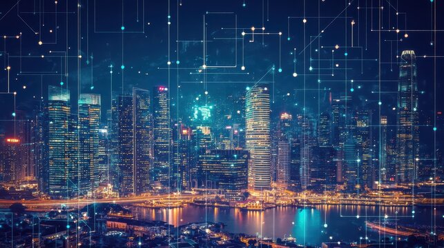 Buildings And Technology. Concept of City Skyline with Wireless Connection Network in Digital Night Background
