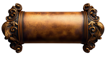 a decorative scroll with ornate ends featuring a smooth golden brown surface ideal for writing or as a display piece
