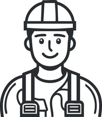 Fototapeta premium Line art illustration of a smiling construction worker wearing a safety helmet and uniform