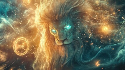 Majestic lion with glowing eyes, surrounded by cosmic nebula and magical symbols.