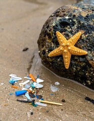 A yellow starfish clings to a rocky surface as colorful plastic debris litters the sandy beach, highlighting marine pollution issues.