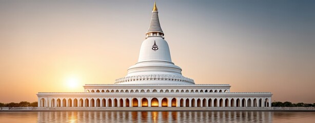 Fototapeta premium Tranquil Buddhist Stupa at Asalha Puja Celebration with Serenity and Minimalist Aesthetic in Soft Golden Light