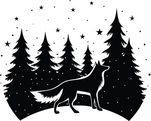 "Elegant fox silhouette walking through a mystical forest at night under a starry sky, howling on a cliff with glowing eyes, vector illustration"