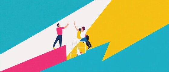Teamwork Illustration of Two Men and One Woman Collaborating on a Colorful Abstract Project, Concept of Success, Partnership, and Creative Solution