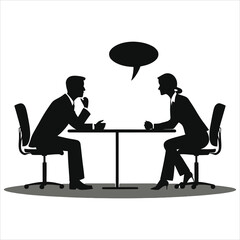 A professional, vector silhouette  of a man and a woman engaged in a one-on-one conversation at a meeting table./Vector Silhouette of Businesspeople in Conversation at a Meeting..