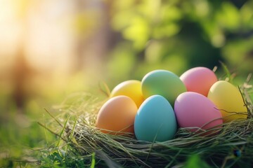 Colorful easter eggs resting in a nest on vibrant green grass under sunlight, colorful easter eggs on nest green grass Photo background ing quality