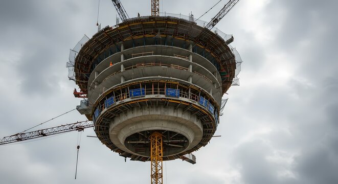 Modern circular high-rise tower under construction with cranes against a cloudy sky.