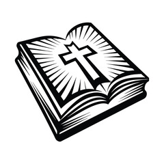 Bible Religious Book Featuring Cross Icon in Black and White Concept
