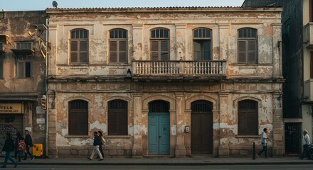 Abandoned historic building with peeling paint and boarded windows in urban setting.