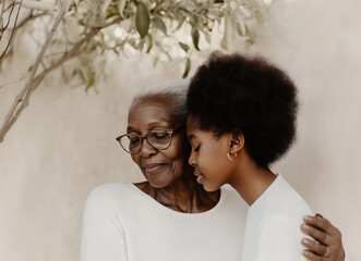 Grandmother and granddaughter share a warm embrace against a neutral backdrop