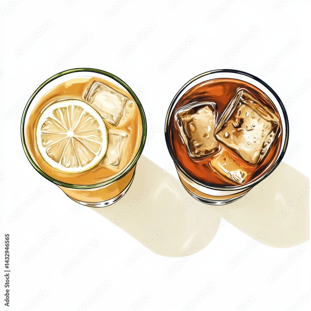 Poster refreshing iced tea with lemon and ice cubes viewed from above in a minimalist style perfect for sum