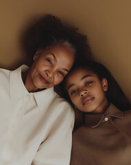 Grandmother and granddaughter share a warm embrace against a neutral backdrop