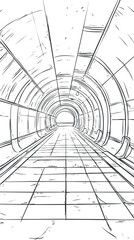 Black and white line art illustration of an empty underground tunnel corridor with perspective view.