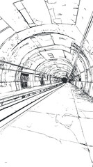 Black and white line drawing of an empty underground railway tunnel with tracks and concrete walls in perspective view