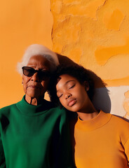Grandmother and granddaughter share a warm embrace against a neutral backdrop