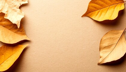 Naklejka premium Autumnal serenity with fallen leaves. The image features delicate dry leaves in shades of gold and brown, creating a warm and inviting atmosphere.