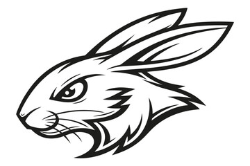 Aggressive Rabbit Head Profile, Sharp Black and White Lines, Bold Outline Design, Mascot