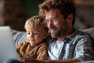 Obraz premium Father and Child Looking at Laptop Screen Together
