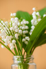 Delicate white lily of the valley flowers arranged in a small glass jar, creating a fresh and elegant floral display against a warm orange backdrop