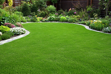 Landscaping project in suburban garden featuring new plants, flowers, and carefully arranged greenery