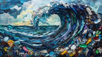 Ocean wave made of plastic debris against a cloudy sky environmental concept.