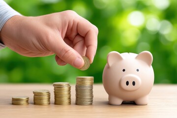 Hand stacking coins increasing in size next to a piggy bank over green blurred nature background illustrating savings growth and financial investment concept