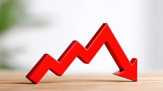 Close-up of a red graphics arrow indicating a decline or decrease in a financial growth or stock market trend on a wooden surface with a blurred background