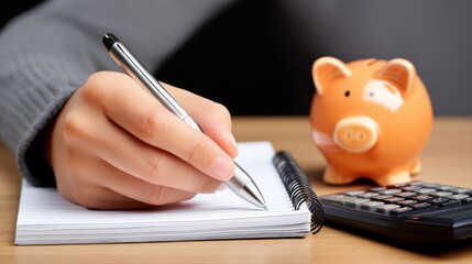 Person writing in notebook with pen beside a piggy bank and calculator on wooden desk illustrating savings and financial planning concepts