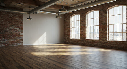 Sunlight washes across the wooden floor of a spacious loft featuring exposed brick walls, industrial lighting, and arched windows revealing a city view.