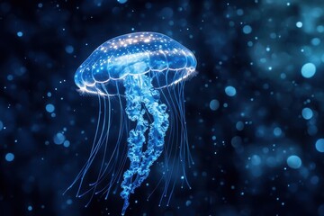 Glowing blue jellyfish swimming in the deep sea with bubbles surrounding it, Glowing blue jellyfish in deep sea, surrounded by bubbles and illuminated dark water