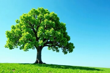 Fototapeta premium Lone oak tree, vibrant green leaves against clear sky, environment, growth, botanical