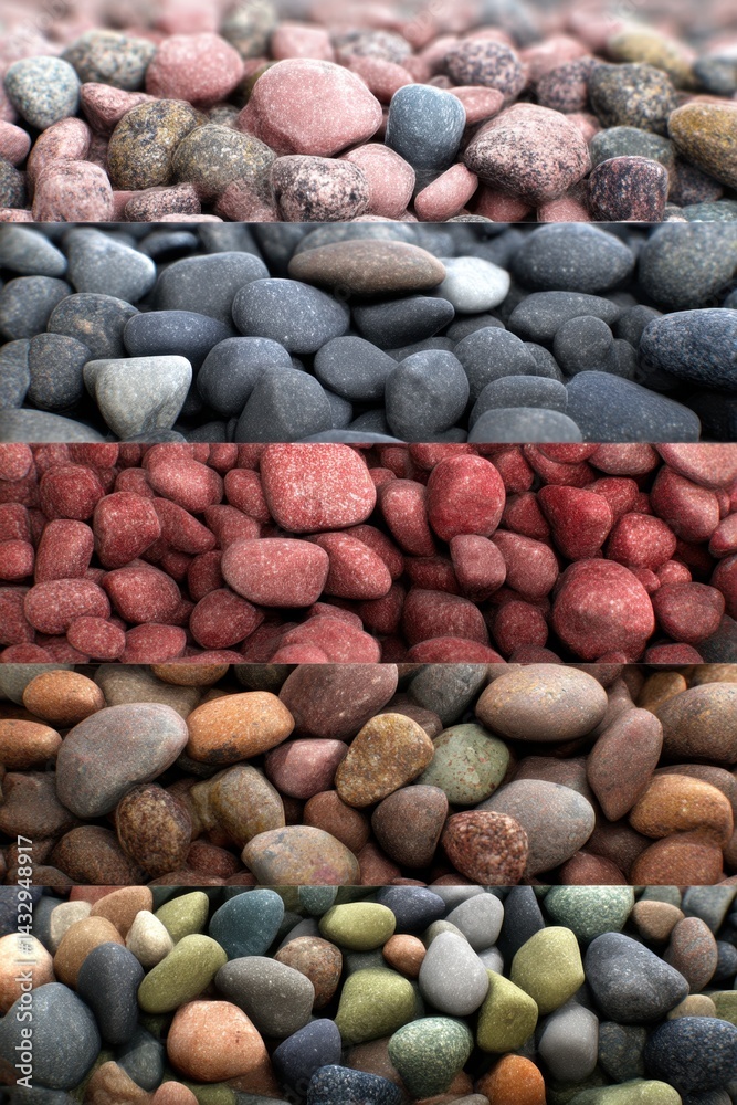 Poster close up of colorful river rocks arranged in horizontal bands showcasing natural textures and hues c