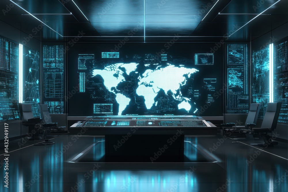 Poster futuristic control room with digital interfaces for global monitoring and data analysis, futuristic 