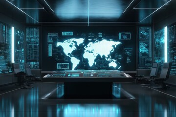 Futuristic control room with digital interfaces for global monitoring and data analysis, Futuristic control room with digital interface displaying world map