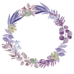 watercolor leaves and flower wreath eucalyptus with purple leaves spring summer bouquet