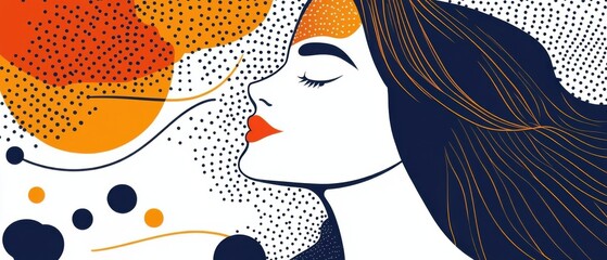 Serene woman illustration with closed eyes in profile, surrounded by abstract shapes and dots Concept of mindfulness, beauty, and inner peace