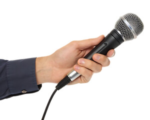 hand holding a microphone isolated on white background, PNG