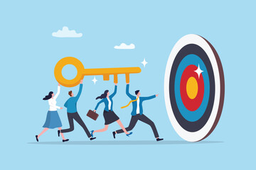 Key to success, team working together as teamwork to achieve goal or target, unlock career opportunity, solution or winning business planning concept, business people carry golden key to success.