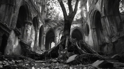 Tree growing inside an old building with arches in black and white.