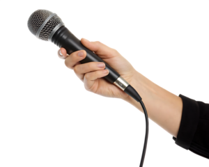 hand holding a microphone isolated on white background, PNG