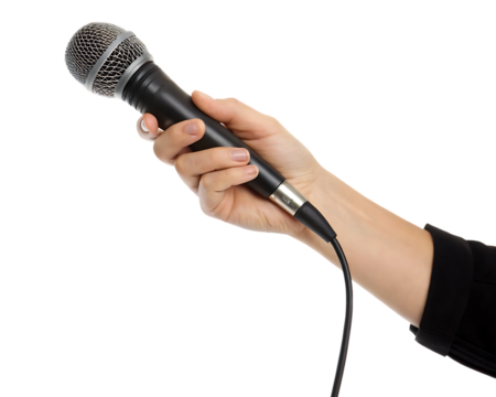 hand holding a microphone isolated on white background, PNG